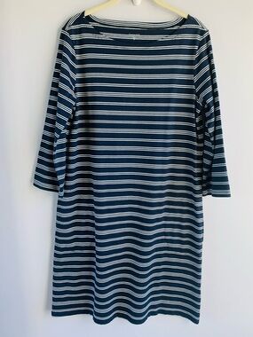 Garnet Hill Dress Navy White Stripes Organic Cotton Round Neck 3/4 Sleeve EUC M